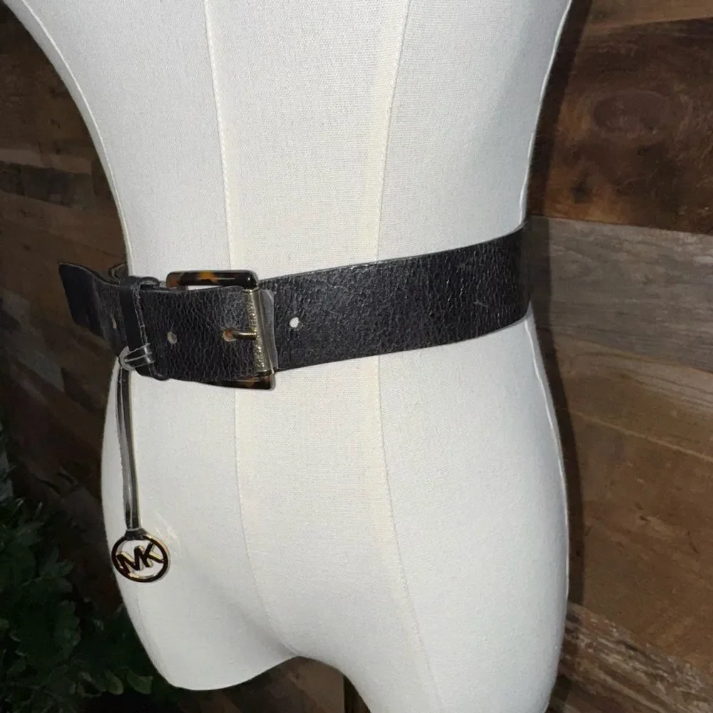 Michael Kors Black Pebbled Leather Belt-tortoise shell buckle w/ MK Charm Logo